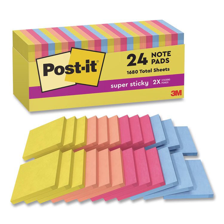 Post-it Notes Super Sticky Note Pads in Summer Joy Collection Colors, 3" x 3", Summer Joy Collection Colors, 70 Sheets/Pad, 24 Pads/Pack (MMM65424SSJOYCP)
