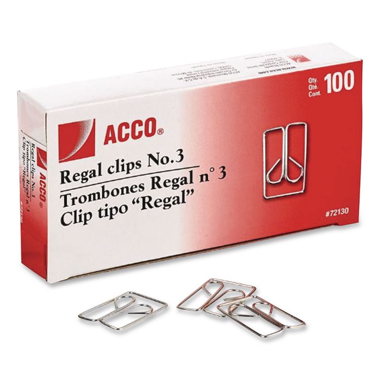 ACCO Regal Clips, #3, Smooth, Silver, 100/Box (ACC72130)