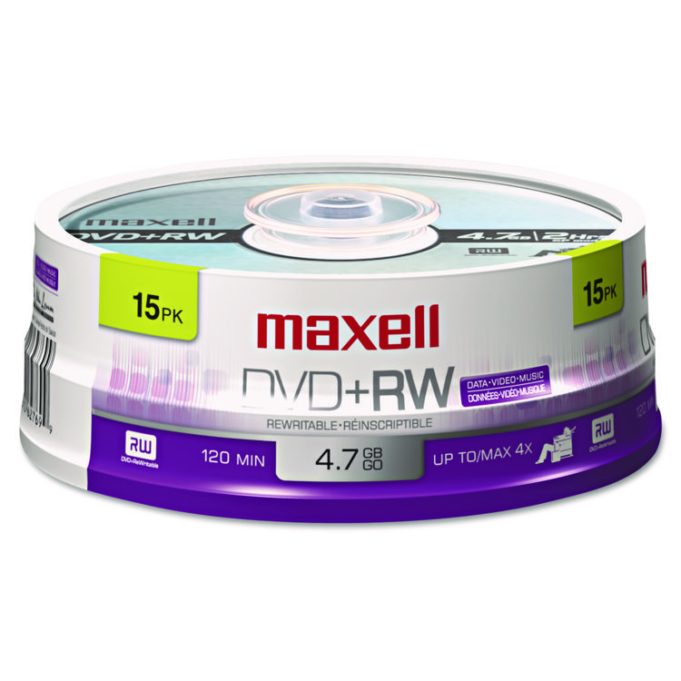 Maxell DVD+RW Rewritable Disc, 4.7 GB, 4x, Spindle, Silver, 15/Pack (MAX634046)