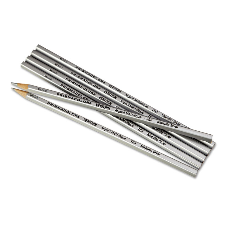 Prismacolor Verithin Smear-Proof Colored Pencils, 2 mm, Metallic Silver Lead, Metallic Silver Barrel, Dozen (SAN02460)