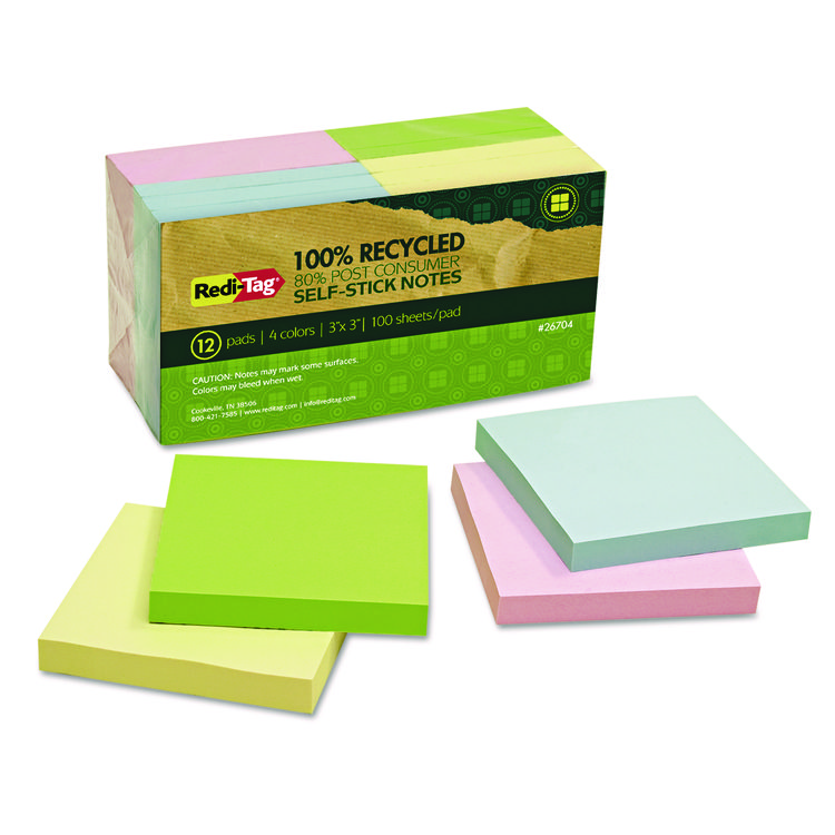 Redi-Tag 100% Recycled Self-Stick Notes, 3" x 3", Assorted Pastel Colors, 100 Sheets/Pad, 12 Pads/Pack (RTG26704)