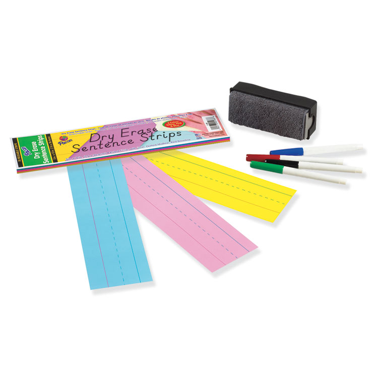 Pacon Dry Erase Sentence Strips, 12 x 3, Blue; Pink; Yellow, 30/Pack (PAC5188)
