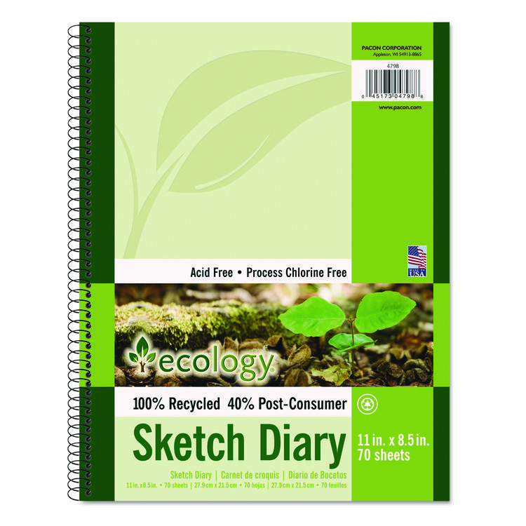 Pacon Ecology Sketch Diary, 60 lb Text Paper Stock, Green Cover, (70) 11 x 8.5 Sheets (PAC4798)