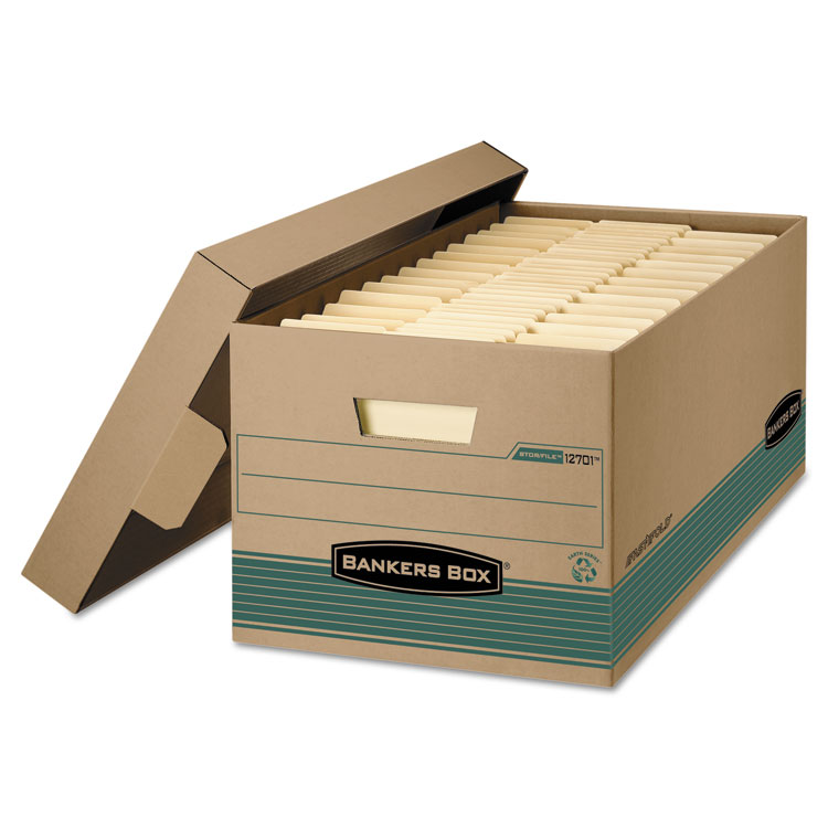 Bankers Box STOR/FILE Medium-Duty 100% Recycled Storage Boxes, Legal Files, 15.88" x 25.38" x 10.25", Kraft/Green, 12/Carton (FEL1270201)