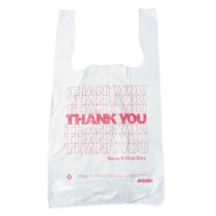 Barnes Paper Company Plastic Thank-You T-Sack, Thank You - Have a Nice Day Labeling, Cut-Out Handles, 4" x 6" x 15", White/Red, 2,000/Carton (BPC6415THYOU)
