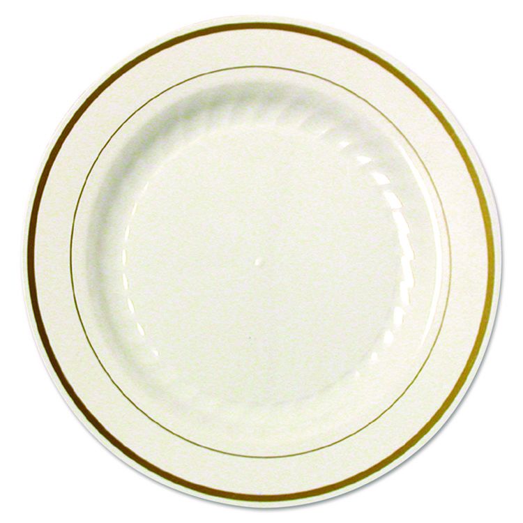 WNA Masterpiece Plastic Plates, 9" dia, Ivory/Gold, 10/Pack, 12 Packs/Carton (WNAMP9IPREM)