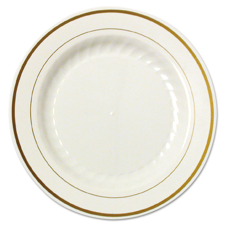 WNA Masterpiece Plastic Plates, 6" dia, Ivory/Gold, 10/Pack, 15 Packs/Carton (WNAMP6IPREM)