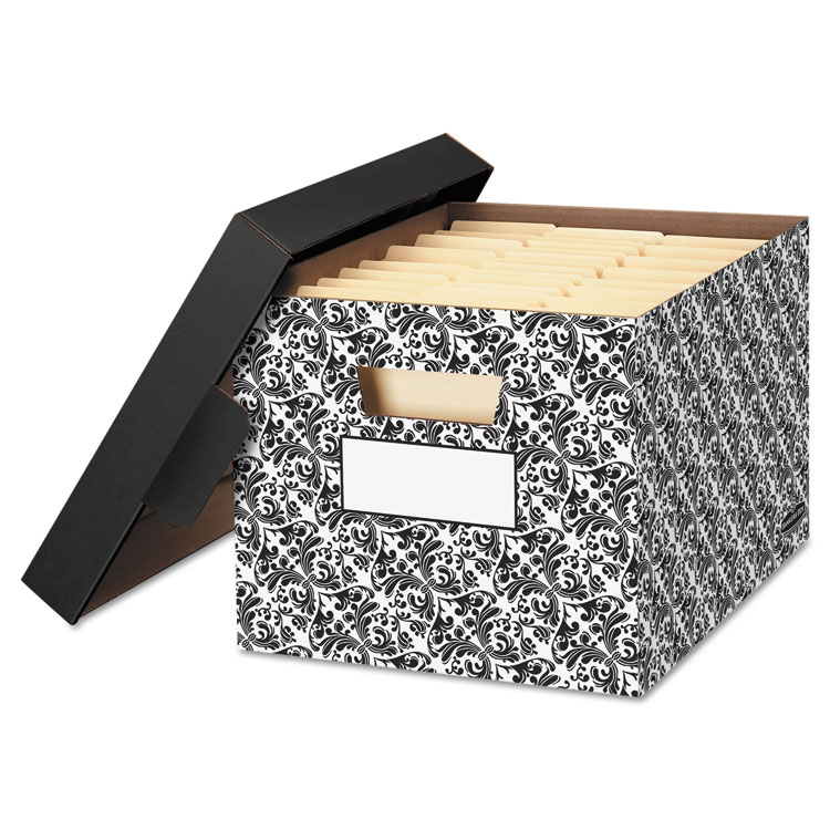 Bankers Box STOR/FILE Decorative Medium-Duty Storage Box, Letter/Legal Files, 12.5" x 16.25" x 10.5", Black/White Brocade Design, 4/CT (FEL0022705)