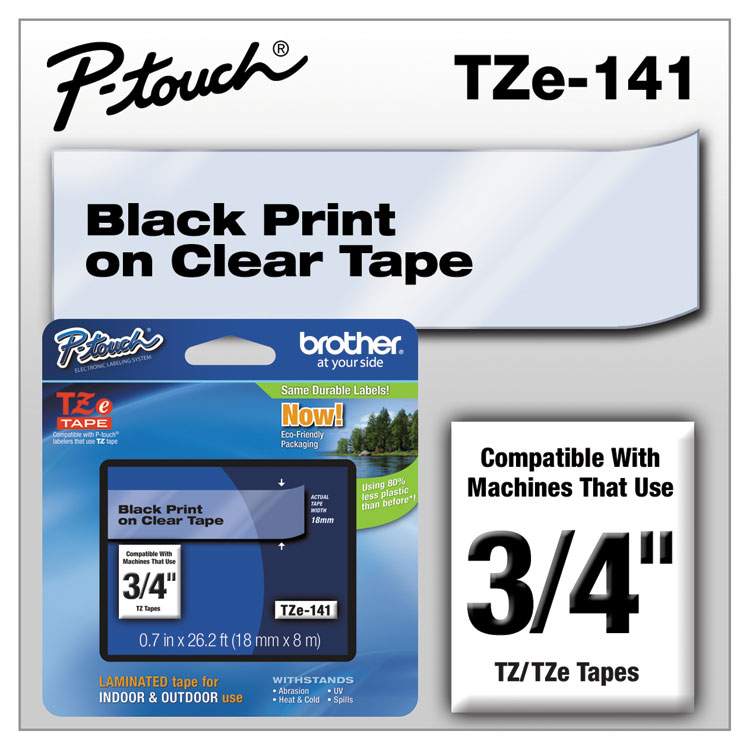 BROTHER INTL. CORP. TZe Standard Adhesive Laminated Labeling Tape, 0.7" x 26.2 ft, Black on Clear (BRTTZE141)