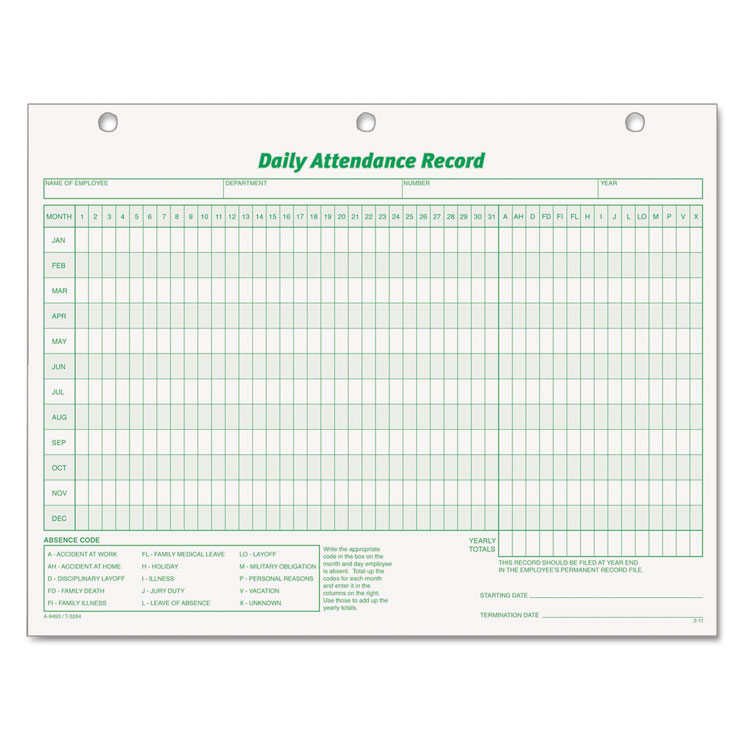 TOPS Daily Attendance Card, One-Part (No Copies), 11 x 8.5, 50 Forms Total (TOP3284)
