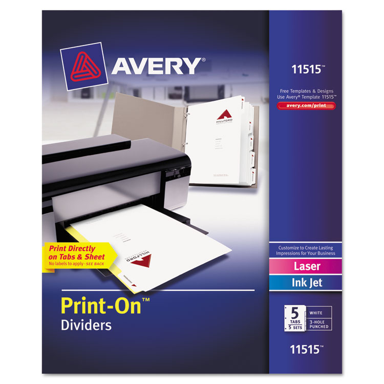 Avery Customizable Print-On Dividers, 3-Hole Punched, 5-Tab, 11 x 8.5, White, 5 Sets (AVE11515)