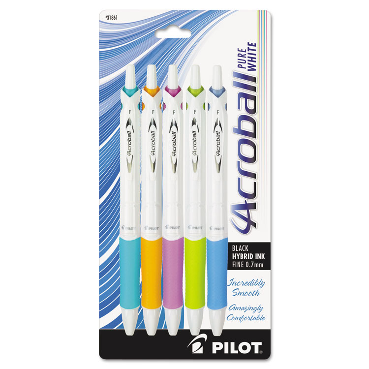 Pilot Acroball PureWhite Advanced Ink Hybrid Gel Pen, Retractable, Fine 0.7 mm, Black Ink, Assorted Barrel Colors, 5/Pack (PIL31861)