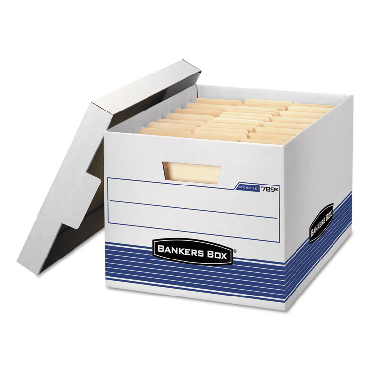 Bankers Box STOR/FILE Medium-Duty Letter/Legal Storage Boxes, Letter/Legal Files, 12.75" x 16.5" x 10.5", White/Blue, 4/Carton (FEL0078907)