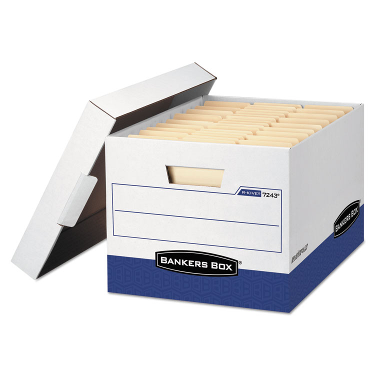 Bankers Box R-KIVE Heavy-Duty Storage Boxes, Letter/Legal Files, 12.75" x 16.5" x 10.38", White/Blue, 4/Carton (FEL0724303)