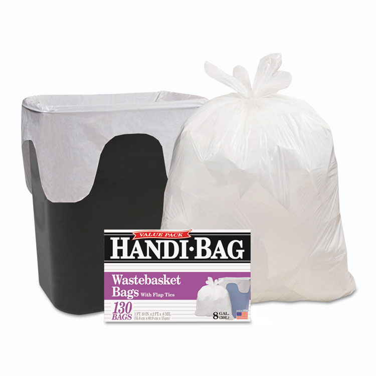 Handi-Bag Super Value Pack Can Liners, 8 gal, 0.6 mil, 22" x 24", White, 130/Box (WBIHAB6FW130)