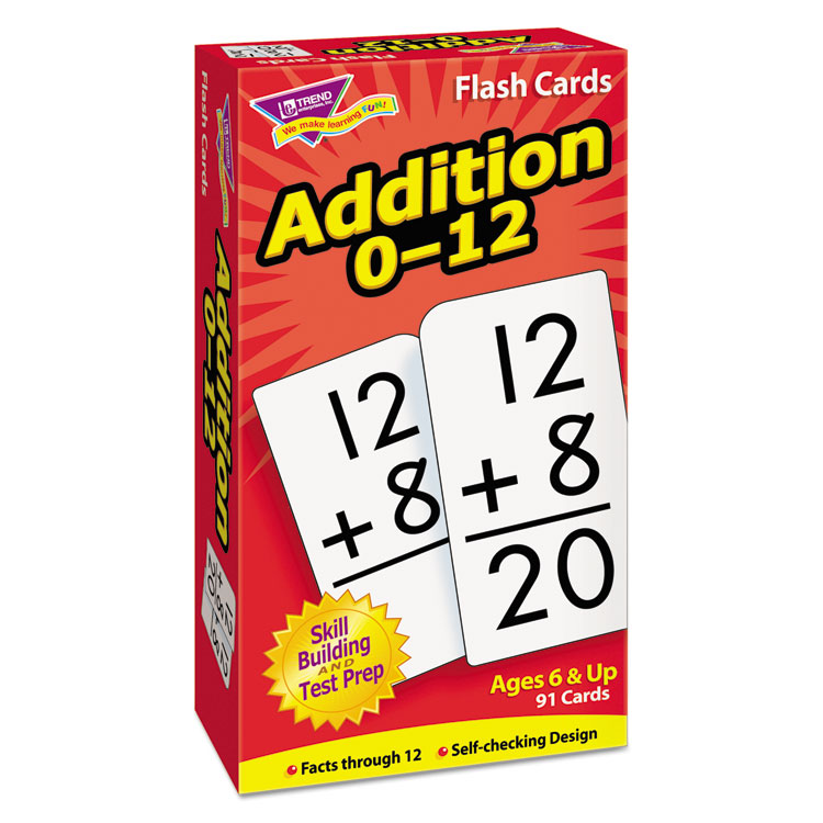 TREND Skill Drill Flash Cards, Addition 0 to 12, Grades 1 to 5, 3" x 6", Black and White, 91/Pack (TEPT53101)
