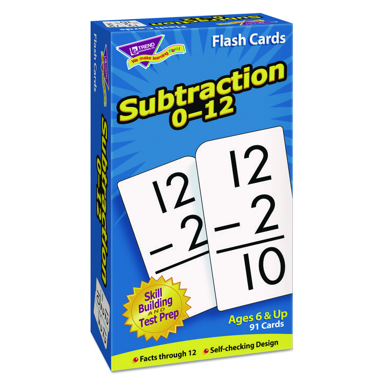 TREND Skill Drill Flash Cards, Subtraction 0 to 12, Grades 1 to 5, 3" x 6", Black and White, 91/Pack (TEPT53103)