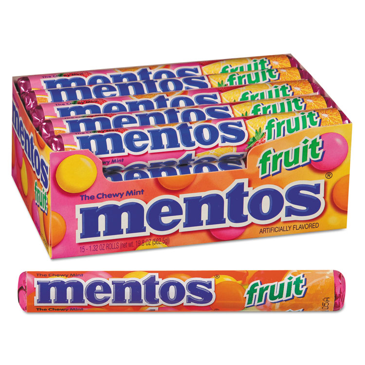 Mentos Chewy Mints, 1.32 oz, Mixed Fruit, 15 Rolls/Box (MEN4181)