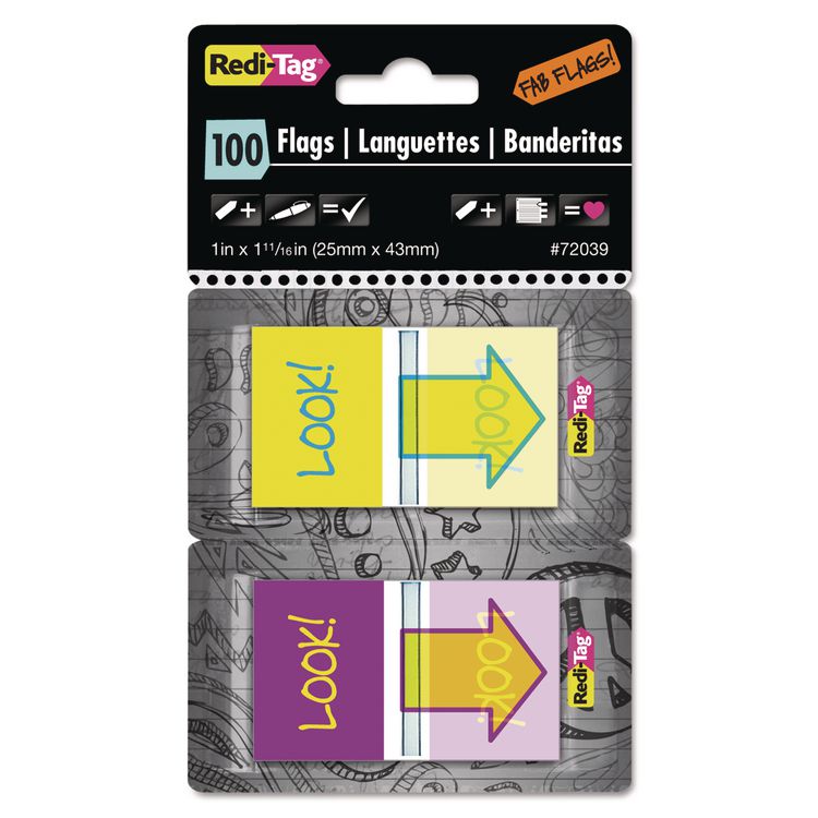 Redi-Tag Pop-Up Fab Page Flags w/Dispenser, "Look!", Purple/Yellow; Yellow/Teal, 100/Pack (RTG72039)