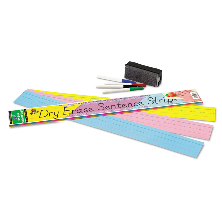 Pacon Dry Erase Sentence Strips, 24 x 3, Blue; Pink; Yellow, 30/Pack (PAC5186)
