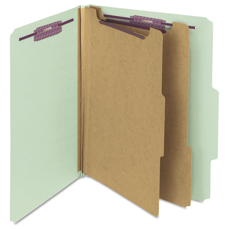 Smead Pressboard Classification Folders, Six SafeSHIELD Fasteners, 2/5-Cut Tabs, 2 Dividers, Letter Size, Gray-Green, 10/Box (SMD14076)