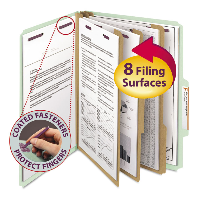 Smead Pressboard Classification Folders, Eight SafeSHIELD Fasteners, 2/5-Cut Tabs, 3 Dividers, Letter Size, Gray-Green, 10/Box (SMD14091)