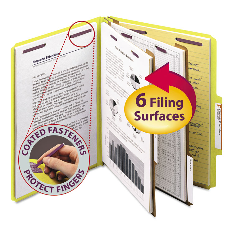 Smead Six-Section Pressboard Top Tab Classification Folders, Six SafeSHIELD Fasteners, 2 Dividers, Letter Size, Yellow, 10/Box (SMD14034)