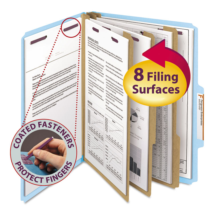 Smead Pressboard Top Tab Classification Folders, Eight SafeSHIELD Fasteners, 3" Expansion, 3 Dividers, Letter Size, Blue, 10/Box (SMD14094)
