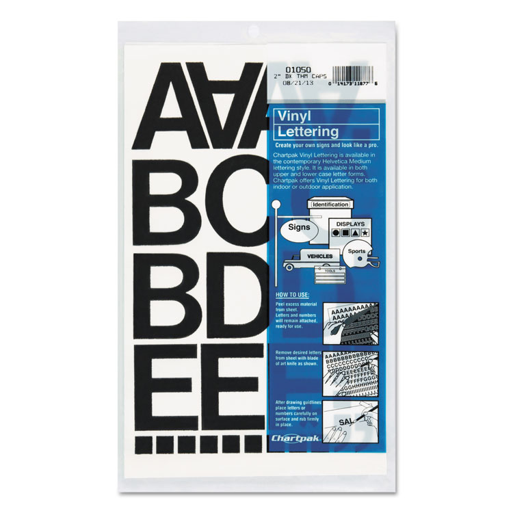 Chartpak Press-On Vinyl Self-Adhesive Numbers and Uppercase Letters, 2" Tall, Black Characters, 77/Pack (CHA01050)