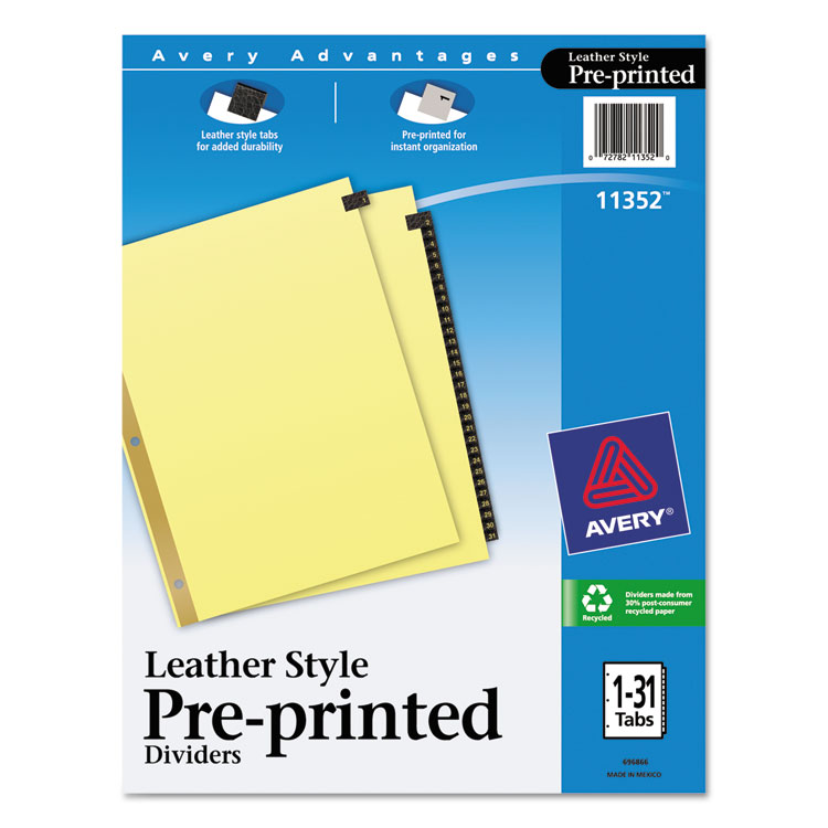 Avery Preprinted Black Leather Tab Dividers w/Gold Reinforced Edge, 31-Tab, 1 to 31, 11 x 8.5, Buff, 1 Set (AVE11352)