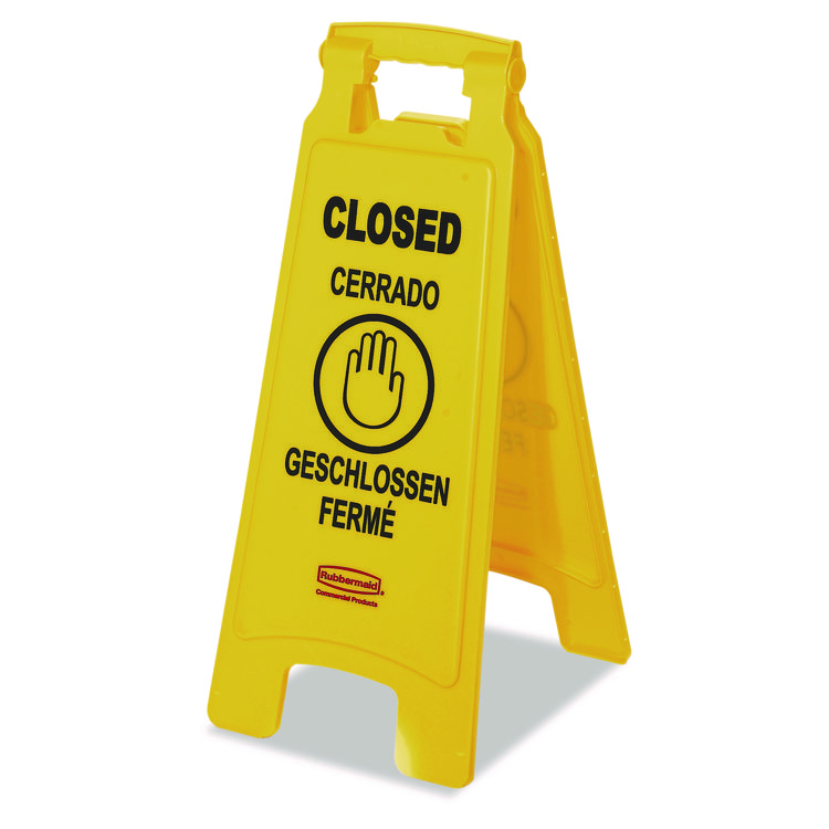 Rubbermaid Commercial Multilingual "Closed" Sign, 2-Sided, 11 x 12 x 25, Yellow (RCP611278YEL)