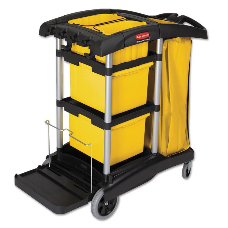 Rubbermaid Commercial HYGEN HYGEN Microfiber Healthcare Cleaning Cart, Plastic, 3 Shelves, 5 Bins, 22" x 48.25" x 44", Yellow/Black/Silver (RCP9T73)