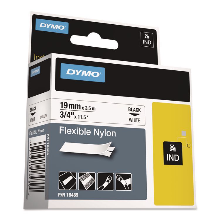 DYMO Rhino Flexible Nylon Industrial Label Tape, 0.75" x 11.5 ft, White/Black Print (DYM18489)