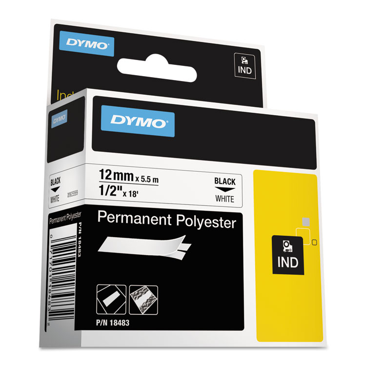 DYMO Rhino Permanent Poly Industrial Label Tape, 0.5" x 18 ft, White/Black Print (DYM18483)
