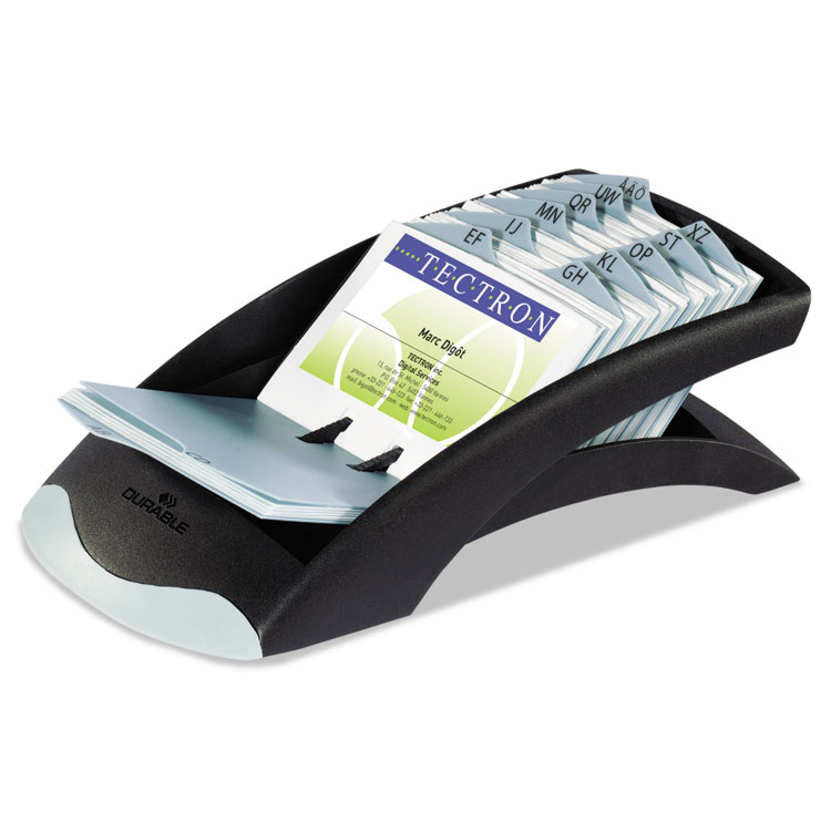 Durable VISIFIX Desk Business Card File, Holds 200 2.88 x 4.13 Cards, 5 x 9.31 x 3.56, Plastic, Graphite/Black (DBL241301)