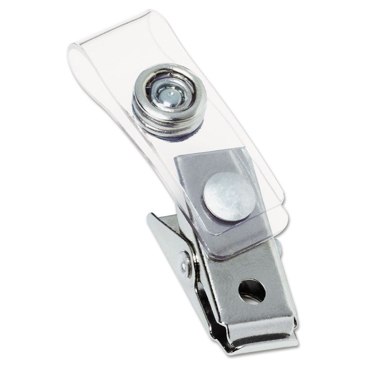 Swingline GBC Badge Clips with Plastic Straps, 0.5" x 1.5", Clear/Silver, 100/Box (GBC1122897)