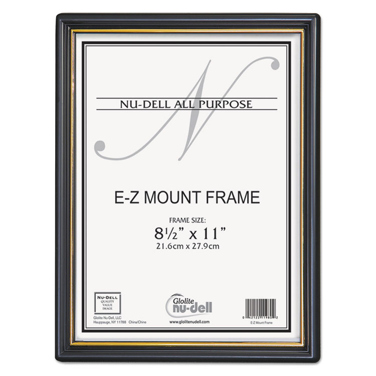 NuDell EZ Mount Document Frame with Trim Accent and Plastic Face, Plastic, 8.5 x 11 Insert, Black/Gold (NUD11880)