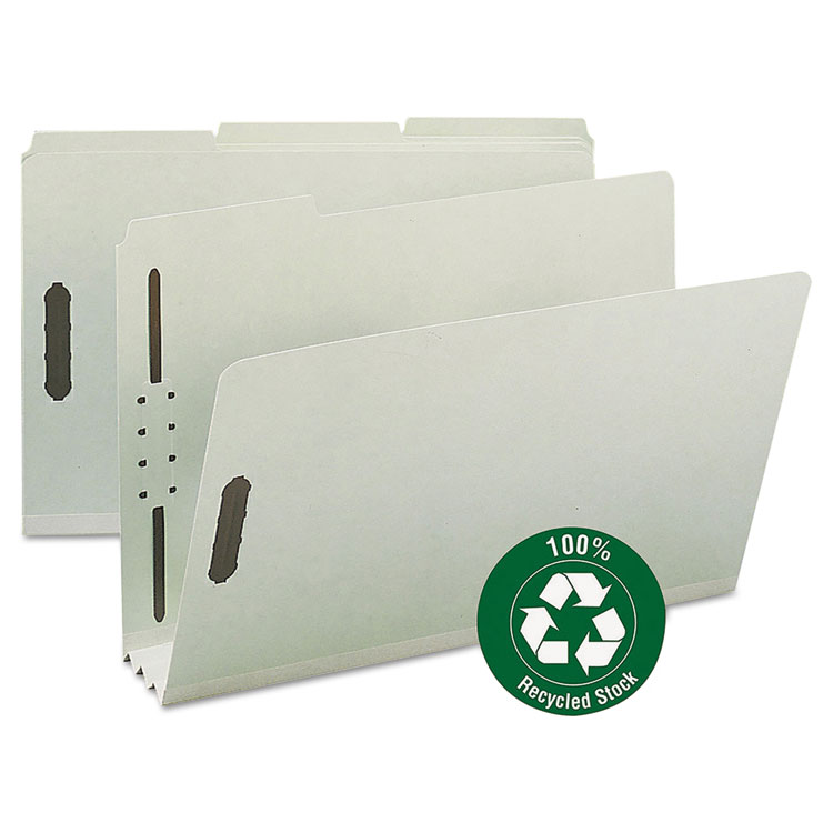 Smead Recycled Pressboard Fastener Folders, 3" Expansion, 2 Fasteners, Legal Size, Gray-Green Exterior, 25/Box (SMD20005)