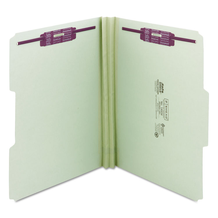 Smead Recycled Pressboard Fastener Folders, 1/3-Cut Tabs, Two SafeSHIELD Fasteners, 2" Expansion, Letter Size, Gray-Green, 25/Box (SMD14934)