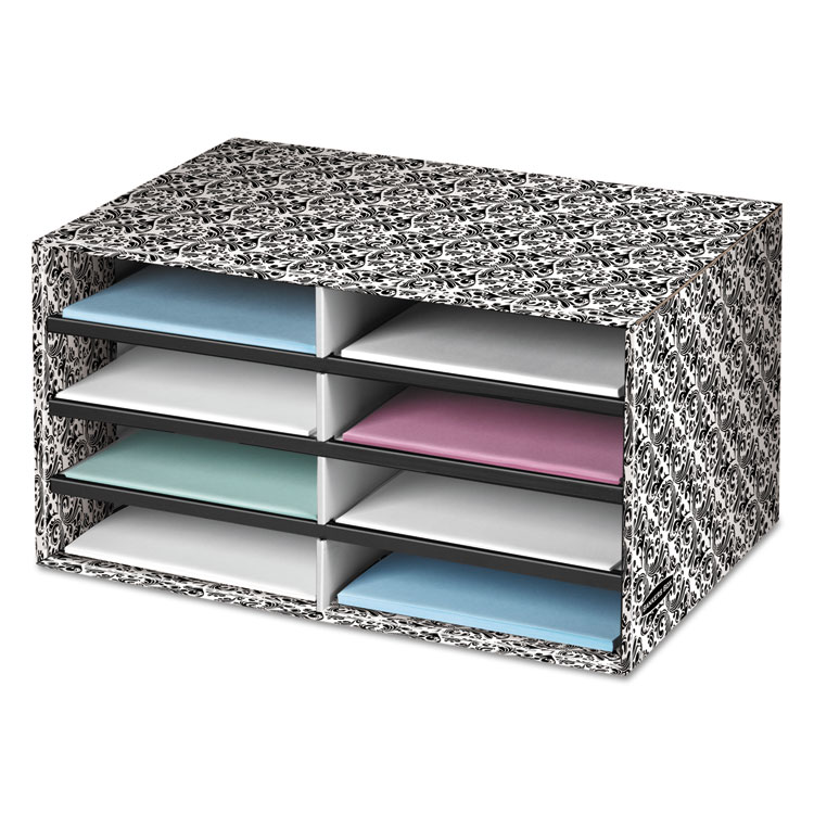 Bankers Box Decorative Sorter, 8 Letter Compartments, 19.5 x 12.38 x 10.25, Black/White Brocade (FEL6171301)