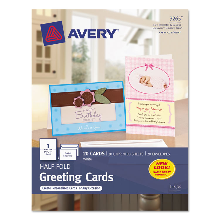 Avery Half-Fold Greeting Cards with Matching Envelopes, Inkjet, 85 lb, 5.5 x 8.5, Matte White, 1 Card/Sheet, 20 Sheets/Box (AVE3265)