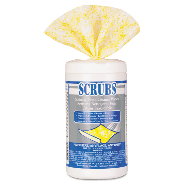 SCRUBS Stainless Steel Cleaner Towels, 1-Ply, 9.75 x 10.5, Lemon Scent, 30/Canister (ITW91930)