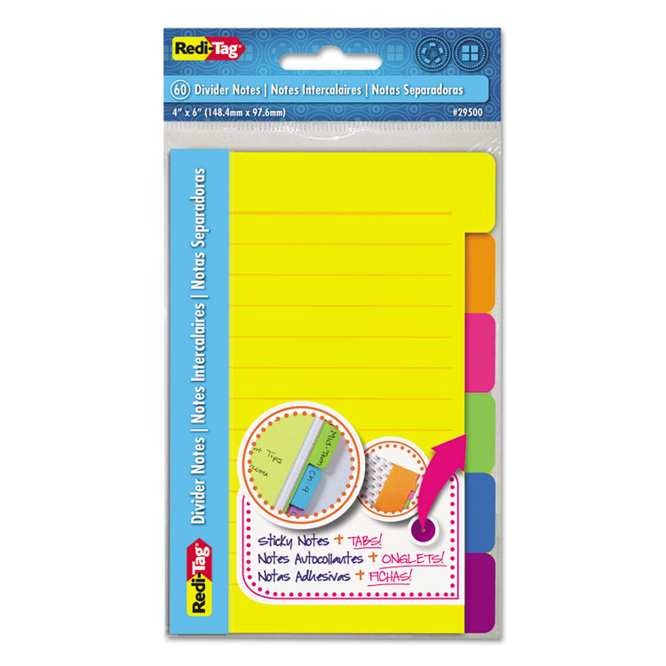 Redi-Tag Index Sticky Notes, 6-Tab Sets, Note Ruled, 4" x 6", Assorted Colors, 60 Sheets/Set, 2 Sets/Pack (RTG29500)