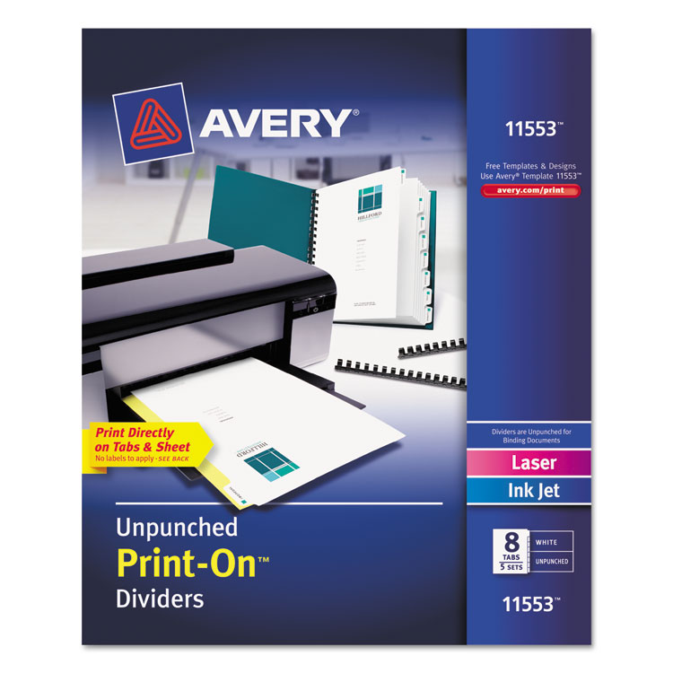 Avery Customizable Print-On Dividers, Unpunched, 8-Tab, 11 x 8.5, White, 5 Sets (AVE11553)