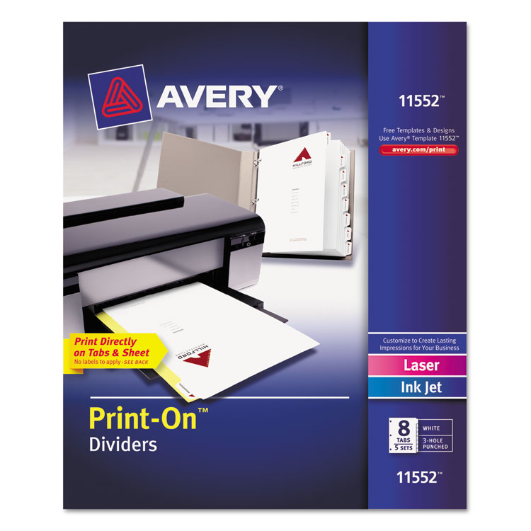 Avery Customizable Print-On Dividers, 3-Hole Punched, 8-Tab, 11 x 8.5, White, 5 Sets (AVE11552)