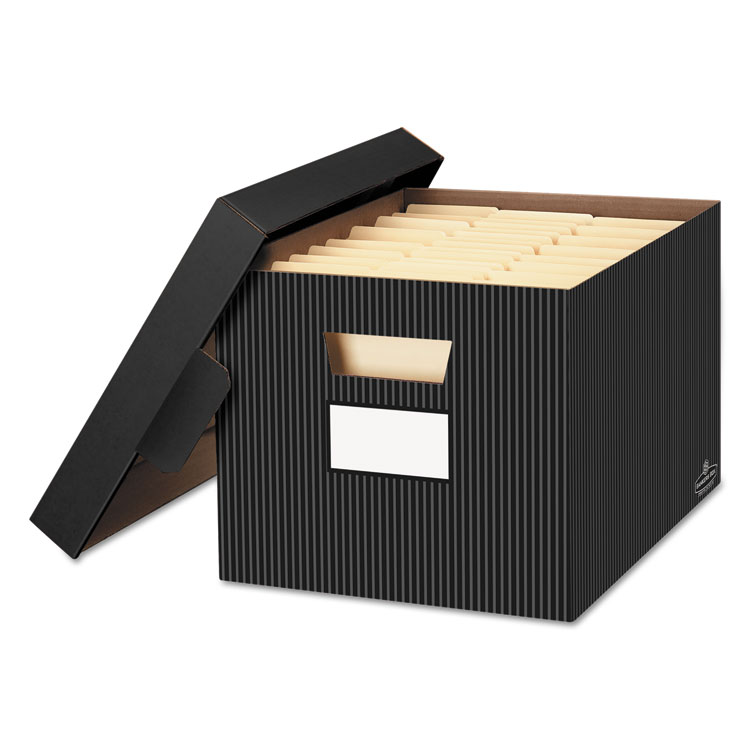 Bankers Box STOR/FILE Decorative Medium-Duty Storage Box, Letter/Legal Files, 12.5" x 16.25" x 10.25", Black/Gray Pinstripe Design, 4/CT (FEL0029803)