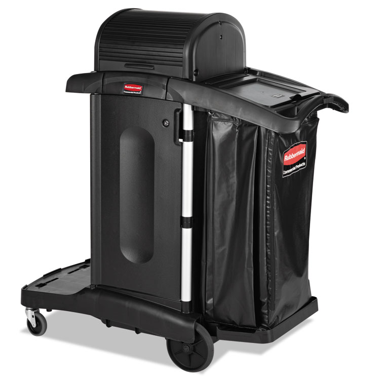 Rubbermaid Commercial Executive High Security Janitorial Cleaning Cart, Plastic, 4 Shelves, 1 Bin, 23.1" x 39.6" x 27.5", Black (RCP1861427)