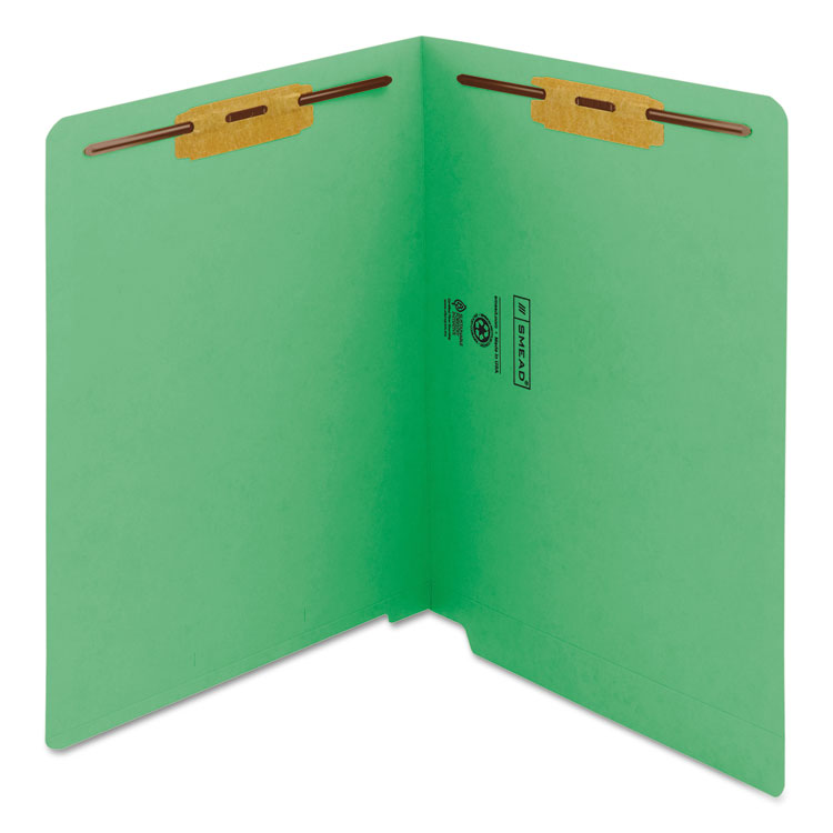 Smead Heavyweight Colored End Tab Fastener Folders, 0.75" Expansion, 2 Fasteners, Letter Size, Green Exterior, 50/Box (SMD25140)