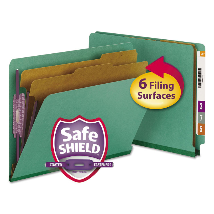 Smead End Tab Pressboard Classification Folders, Six SafeSHIELD Fasteners, 2" Expansion, 2 Dividers, Letter Size, Green, 10/Box (SMD26785)