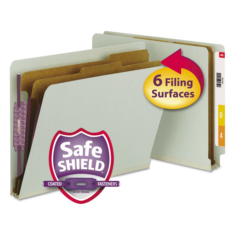Smead End Tab Pressboard Classification Folders, Six SafeSHIELD Fasteners, 2" Expansion, 2 Dividers, Letter Size, Gray-Green, 10/BX (SMD26810)
